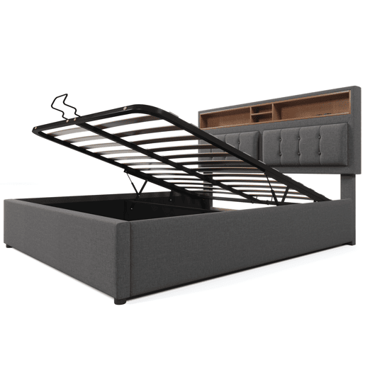 Cama estofada 140x200 - com função de carregamento USB C, cabeceira e arrumação - Cinza Cama estofada 140x200 - com função de carregamento USB C, cabeceira e arrumação - Cinza