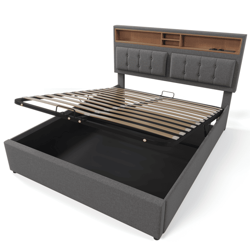 Cama estofada 140x200 - com função de carregamento USB C, cabeceira e arrumação - Cinza Cama estofada 140x200 - com função de carregamento USB C, cabeceira e arrumação - Cinza