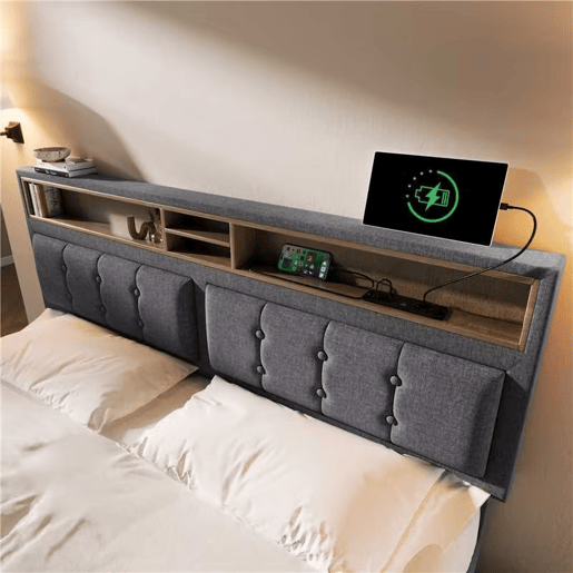 Cama estofada 140x200 - com função de carregamento USB C, cabeceira e arrumação - Cinza Cama estofada 140x200 - com função de carregamento USB C, cabeceira e arrumação - Cinza