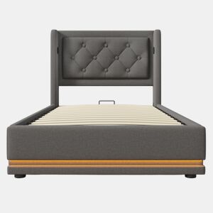 Cama contentora estofada de 90 x 200 cm em tecido de algodão - com função de carga e LED ao pé da cama - Cinzento