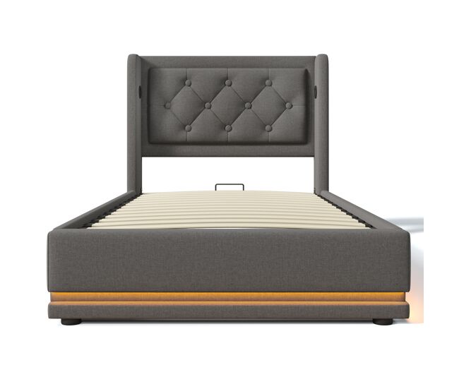 Cama contenedor acolchada de 90 x 200 cm en tejido de algodón - con función de carga y led a los pies de la cama - gris