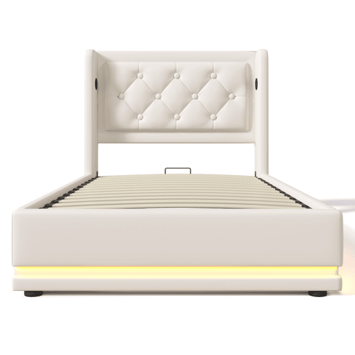 Sofá-cama estofado de 90 x 200 cm em imitação de pele - com função de carregamento e LED ao pé da cama - Branco Sofá-cama estofado de 90 x 200 cm em imitação de pele - com função de carregamento e LED ao pé da cama - Branco