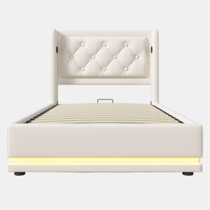 Sofá-cama estofado de 90 x 200 cm em imitação de pele - com função de carregamento e LED ao pé da cama - Branco