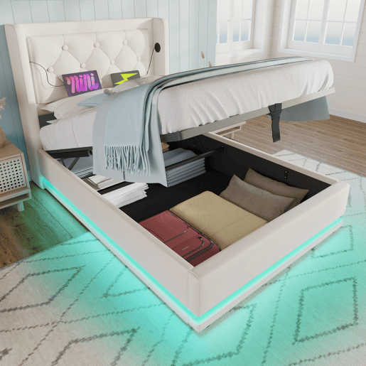 Sofá-cama estofado de 90 x 200 cm em imitação de pele - com função de carregamento e LED ao pé da cama - Branco Sofá-cama estofado de 90 x 200 cm em imitação de pele - com função de carregamento e LED ao pé da cama - Branco