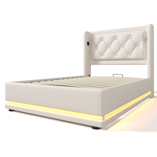Sofá-cama estofado de 90 x 200 cm em imitação de pele - com função de carregamento e LED ao pé da cama - Branco Sofá-cama estofado de 90 x 200 cm em imitação de pele - com função de carregamento e LED ao pé da cama - Branco