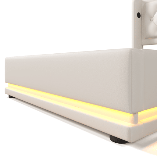 Sofá-cama estofado de 90 x 200 cm em imitação de pele - com função de carregamento e LED ao pé da cama - Branco Sofá-cama estofado de 90 x 200 cm em imitação de pele - com função de carregamento e LED ao pé da cama - Branco