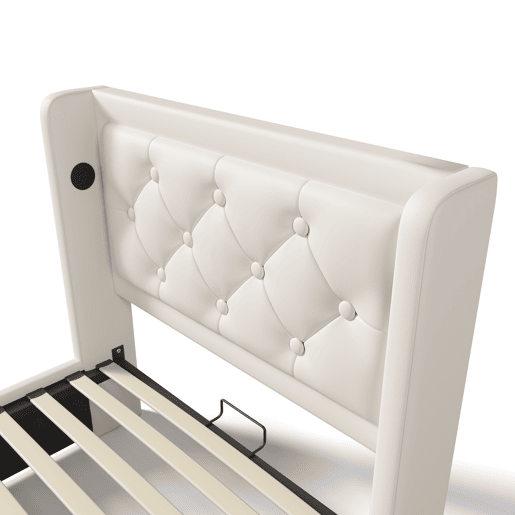 Sofá-cama estofado de 90 x 200 cm em imitação de pele - com função de carregamento e LED ao pé da cama - Branco Sofá-cama estofado de 90 x 200 cm em imitação de pele - com função de carregamento e LED ao pé da cama - Branco