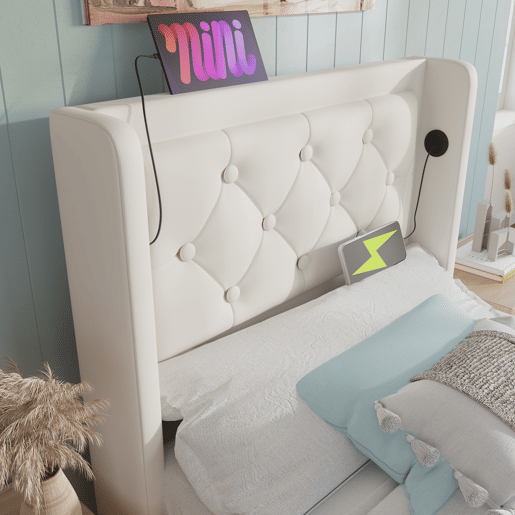 Sofá-cama estofado de 90 x 200 cm em imitação de pele - com função de carregamento e LED ao pé da cama - Branco Sofá-cama estofado de 90 x 200 cm em imitação de pele - com função de carregamento e LED ao pé da cama - Branco