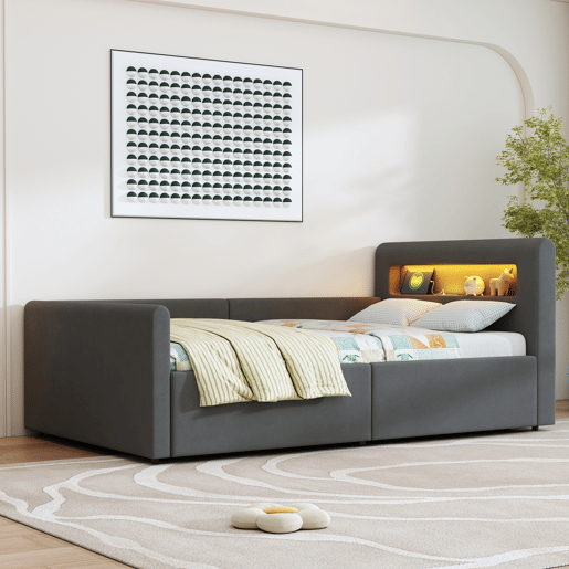 Cama infantil 90x200 cm - Com LED, luz noturna, porta USB, prateleira, armazenamento hidráulico, cama individual, para meninos e meninas, tecido de veludo - Cinza escuro Cama infantil 90x200 cm - Com LED, luz noturna, porta USB, prateleira, armazenamento hidráulico, cama individual, para meninos e meninas, tecido de veludo - Cinza escuro