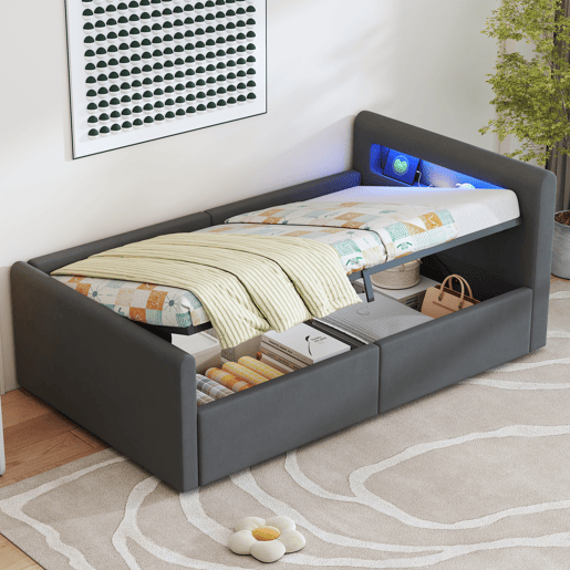 Cama infantil 90x200 cm - Com LED, luz noturna, porta USB, prateleira, armazenamento hidráulico, cama individual, para meninos e meninas, tecido de veludo - Cinza escuro Cama infantil 90x200 cm - Com LED, luz noturna, porta USB, prateleira, armazenamento hidráulico, cama individual, para meninos e meninas, tecido de veludo - Cinza escuro