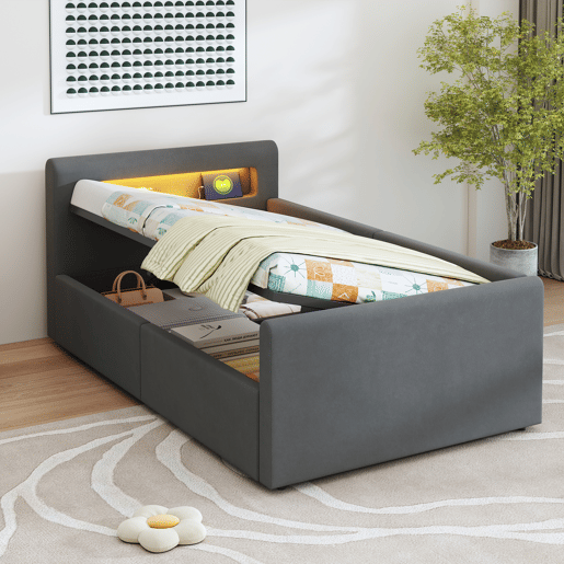 Cama infantil 90x200 cm - Com LED, luz noturna, porta USB, prateleira, armazenamento hidráulico, cama individual, para meninos e meninas, tecido de veludo - Cinza escuro Cama infantil 90x200 cm - Com LED, luz noturna, porta USB, prateleira, armazenamento hidráulico, cama individual, para meninos e meninas, tecido de veludo - Cinza escuro