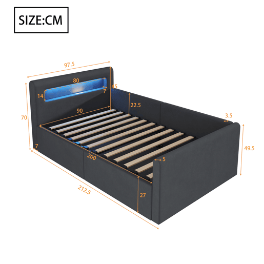 Cama infantil 90x200 cm - Com LED, luz noturna, porta USB, prateleira, armazenamento hidráulico, cama individual, para meninos e meninas, tecido de veludo - Cinza escuro Cama infantil 90x200 cm - Com LED, luz noturna, porta USB, prateleira, armazenamento hidráulico, cama individual, para meninos e meninas, tecido de veludo - Cinza escuro