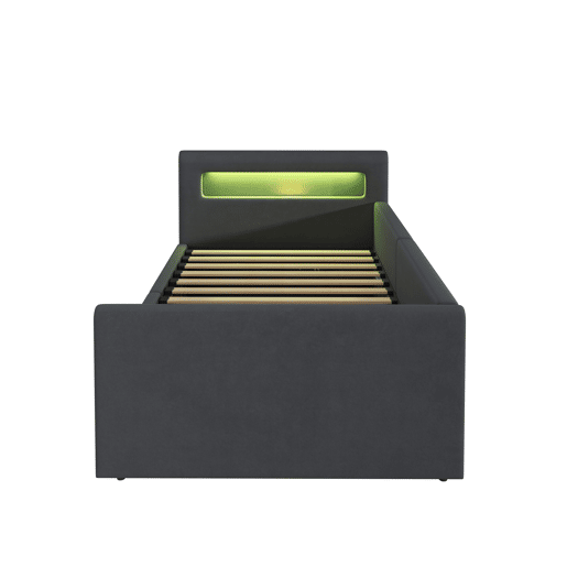 Cama infantil 90x200 cm - Com LED, luz noturna, porta USB, prateleira, armazenamento hidráulico, cama individual, para meninos e meninas, tecido de veludo - Cinza escuro Cama infantil 90x200 cm - Com LED, luz noturna, porta USB, prateleira, armazenamento hidráulico, cama individual, para meninos e meninas, tecido de veludo - Cinza escuro
