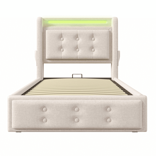 Cama de arrumação em tecido de linho 90x200 cm - com LED e portas de carregamento - Bege Cama de arrumação em tecido de linho 90x200 cm - com LED e portas de carregamento - Bege