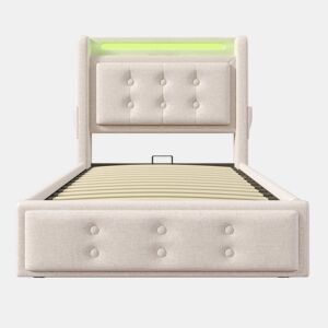 Cama de arrumação em tecido de linho 90x200 cm - com LED e portas de carregamento - Bege