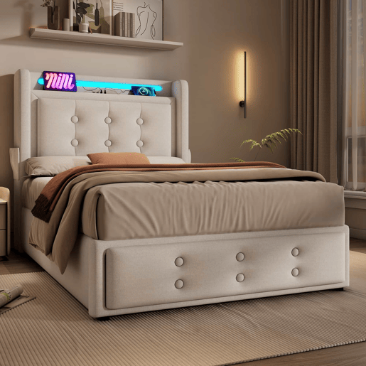 Cama de arrumação em tecido de linho 90x200 cm - com LED e portas de carregamento - Bege Cama de arrumação em tecido de linho 90x200 cm - com LED e portas de carregamento - Bege