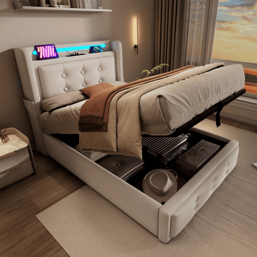 Cama de arrumação em tecido de linho 90x200 cm - com LED e portas de carregamento - Bege Cama de arrumação em tecido de linho 90x200 cm - com LED e portas de carregamento - Bege