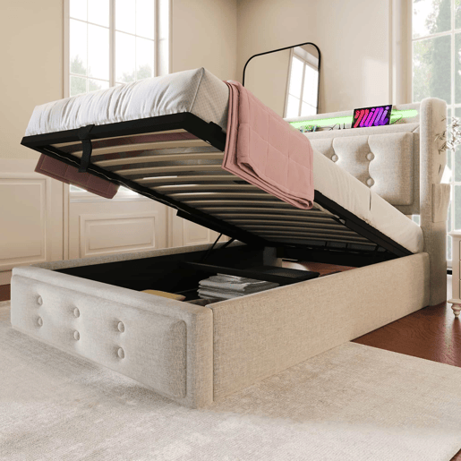 Cama de arrumação em tecido de linho 90x200 cm - com LED e portas de carregamento - Bege Cama de arrumação em tecido de linho 90x200 cm - com LED e portas de carregamento - Bege