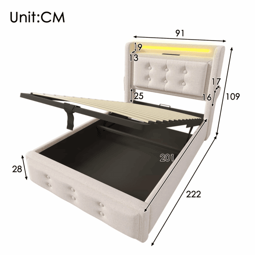 Cama de arrumação em tecido de linho 90x200 cm - com LED e portas de carregamento - Bege Cama de arrumação em tecido de linho 90x200 cm - com LED e portas de carregamento - Bege
