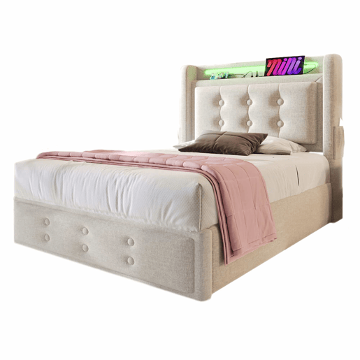 Cama de arrumação em tecido de linho 90x200 cm - com LED e portas de carregamento - Bege Cama de arrumação em tecido de linho 90x200 cm - com LED e portas de carregamento - Bege