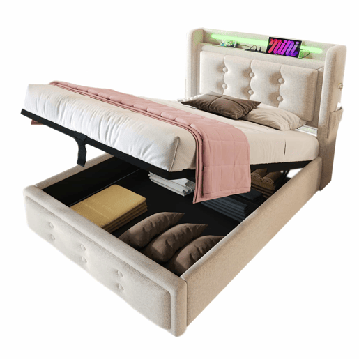 Cama de arrumação em tecido de linho 90x200 cm - com LED e portas de carregamento - Bege Cama de arrumação em tecido de linho 90x200 cm - com LED e portas de carregamento - Bege