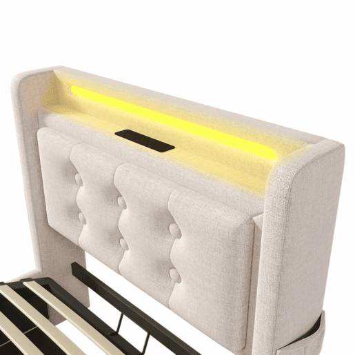 Cama de arrumação em tecido de linho 90x200 cm - com LED e portas de carregamento - Bege Cama de arrumação em tecido de linho 90x200 cm - com LED e portas de carregamento - Bege