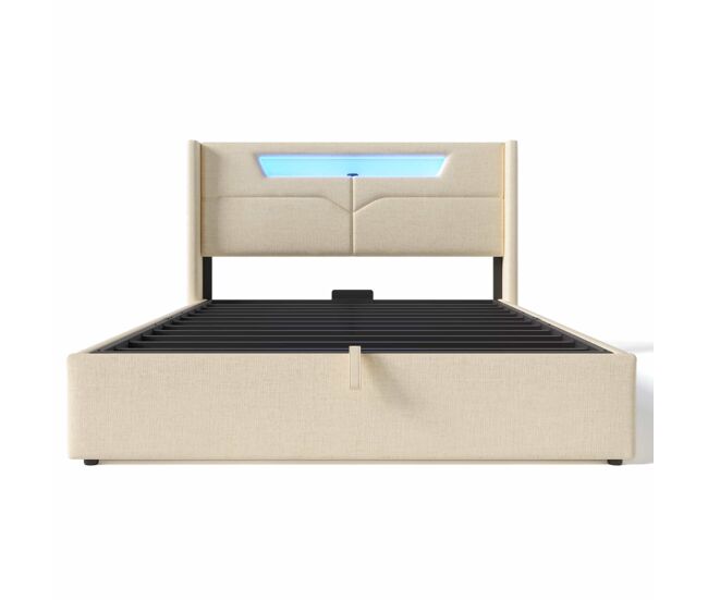 Cama contenedor 160x200cm tapizada en tela de lino - con led y puertos de carga - con somier - beige