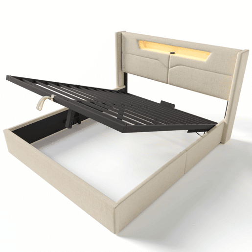Cama contentora estofada em linho 160x200cm - com LEDs e portas de carga - com estrado de molas - Bege Cama contentora estofada em linho 160x200cm - com LEDs e portas de carga - com estrado de molas - Bege