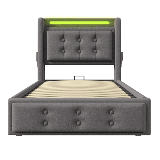 Cama individual estofada 90x200 - Cabeceira LED, função de carregamento USB C, hidráulica com estrado de madeira e metal, 150 kg - Cinza Cama individual estofada 90x200 - Cabeceira LED, função de carregamento USB C, hidráulica com estrado de madeira e metal, 150 kg - Cinza