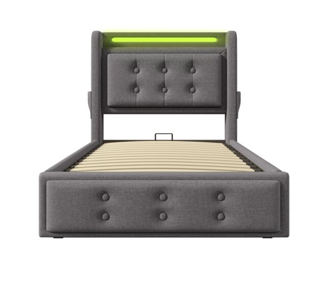 Cama individual tapizada 90x200 - cabecero led, función carga usb c, hidráulica con somier de madera y metal, 150 kg - gris