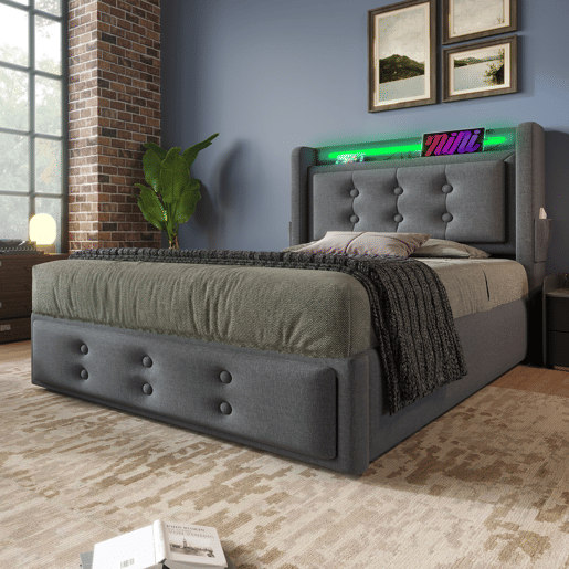 Cama individual estofada 90x200 - Cabeceira LED, função de carregamento USB C, hidráulica com estrado de madeira e metal, 150 kg - Cinza Cama individual estofada 90x200 - Cabeceira LED, função de carregamento USB C, hidráulica com estrado de madeira e metal, 150 kg - Cinza