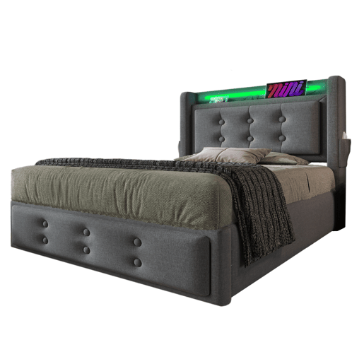 Cama individual estofada 90x200 - Cabeceira LED, função de carregamento USB C, hidráulica com estrado de madeira e metal, 150 kg - Cinza Cama individual estofada 90x200 - Cabeceira LED, função de carregamento USB C, hidráulica com estrado de madeira e metal, 150 kg - Cinza