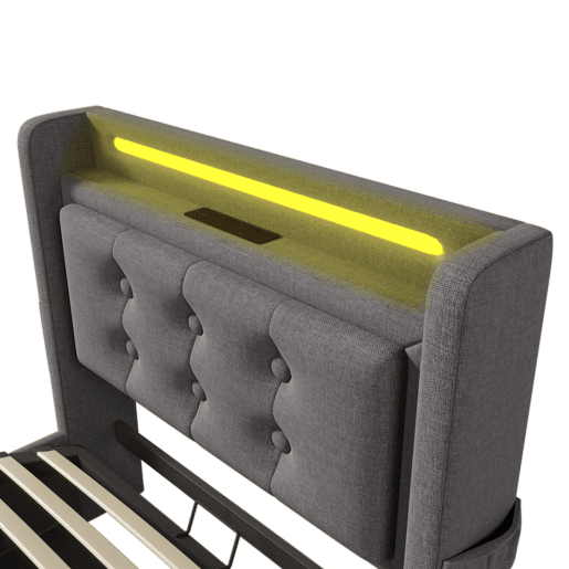 Cama individual estofada 90x200 - Cabeceira LED, função de carregamento USB C, hidráulica com estrado de madeira e metal, 150 kg - Cinza Cama individual estofada 90x200 - Cabeceira LED, função de carregamento USB C, hidráulica com estrado de madeira e metal, 150 kg - Cinza