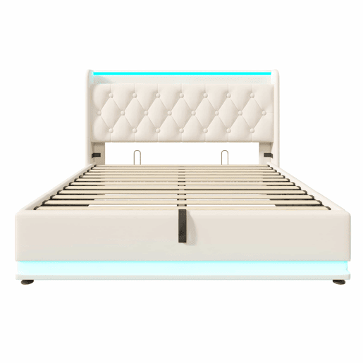 Cama contentora em pele sintética 160x200 cm - com LED e fichas USB e tipo C - Branco