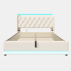 Cama contentora em pele sintética 160x200 cm - com LED e fichas USB e tipo C - Branco