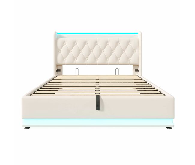 Cama contenedor de piel sintética de 160x200 cm - con led y enchufes usb y tipo c - blanco
