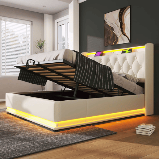 Cama contentora em pele sintética 160x200 cm - com LED e fichas USB e tipo C - Branco