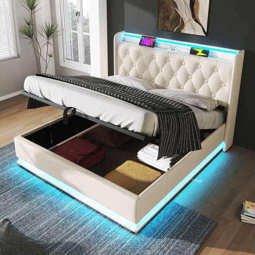 Cama contentora em pele sintética 160x200 cm - com LED e fichas USB e tipo C - Branco
