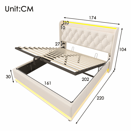 Cama contentora em pele sintética 160x200 cm - com LED e fichas USB e tipo C - Branco