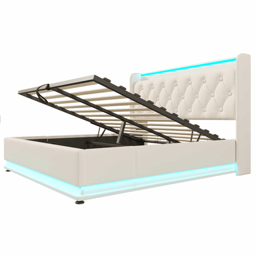 Cama contentora em pele sintética 160x200 cm - com LED e fichas USB e tipo C - Branco