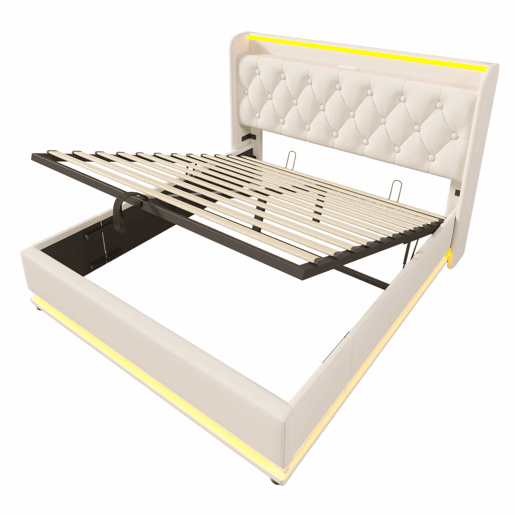 Cama contentora em pele sintética 160x200 cm - com LED e fichas USB e tipo C - Branco