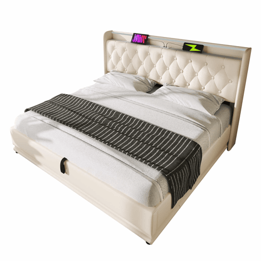 Cama contentora em pele sintética 160x200 cm - com LED e fichas USB e tipo C - Branco