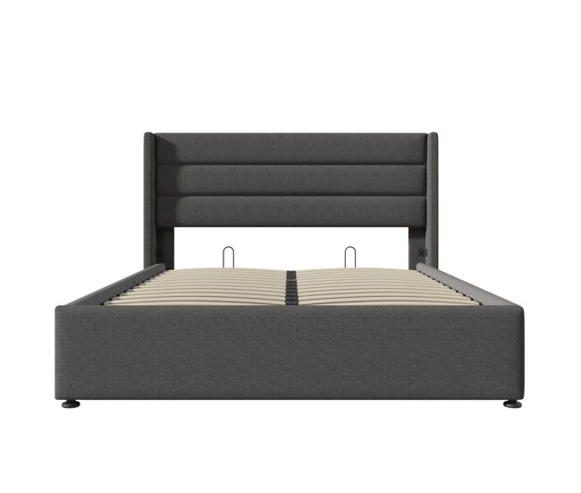 Cama con almacenaje de lino 160x200 cm con somier de láminas - gris