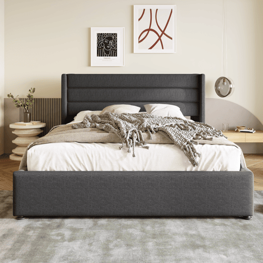 Cama para arrumação de roupa de cama 160x200 cm com estrado de ripas - Cinzento Cama para arrumação de roupa de cama 160x200 cm com estrado de ripas - Cinzento
