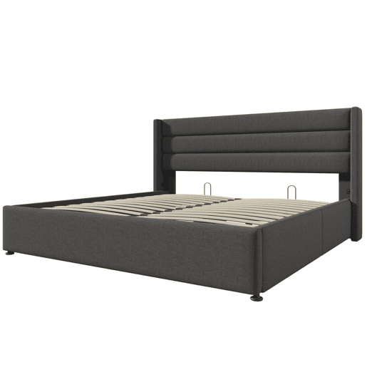 Cama para arrumação de roupa de cama 160x200 cm com estrado de ripas - Cinzento Cama para arrumação de roupa de cama 160x200 cm com estrado de ripas - Cinzento