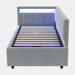 Sofá-cama 90x200 - Com LED e armazenamento hidráulico, design com riscas verticais, cabeceiras laterais ajustáveis, estrado, veludo - Cinza claro