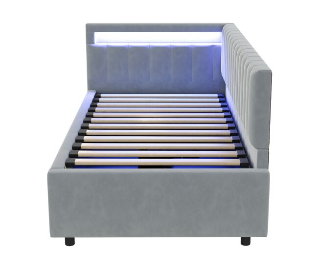 Sofá cama 90x200 - con led y almacenamiento hidráulico, diseño de rayas verticales, cabeceros laterales ajustables, somier, terciopelo - gris claro