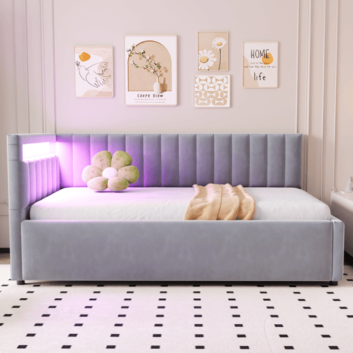 Sofá-cama 90x200 - Com LED e armazenamento hidráulico, design com riscas verticais, cabeceiras laterais ajustáveis, estrado, veludo - Cinza claro Sofá-cama 90x200 - Com LED e armazenamento hidráulico, design com riscas verticais, cabeceiras laterais ajustáveis, estrado, veludo - Cinza claro