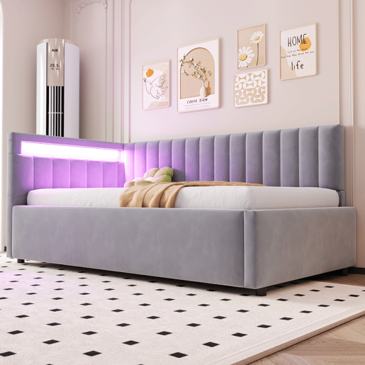 Sofá-cama 90x200 - Com LED e armazenamento hidráulico, design com riscas verticais, cabeceiras laterais ajustáveis, estrado, veludo - Cinza claro Sofá-cama 90x200 - Com LED e armazenamento hidráulico, design com riscas verticais, cabeceiras laterais ajustáveis, estrado, veludo - Cinza claro