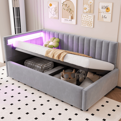 Sofá-cama 90x200 - Com LED e armazenamento hidráulico, design com riscas verticais, cabeceiras laterais ajustáveis, estrado, veludo - Cinza claro Sofá-cama 90x200 - Com LED e armazenamento hidráulico, design com riscas verticais, cabeceiras laterais ajustáveis, estrado, veludo - Cinza claro